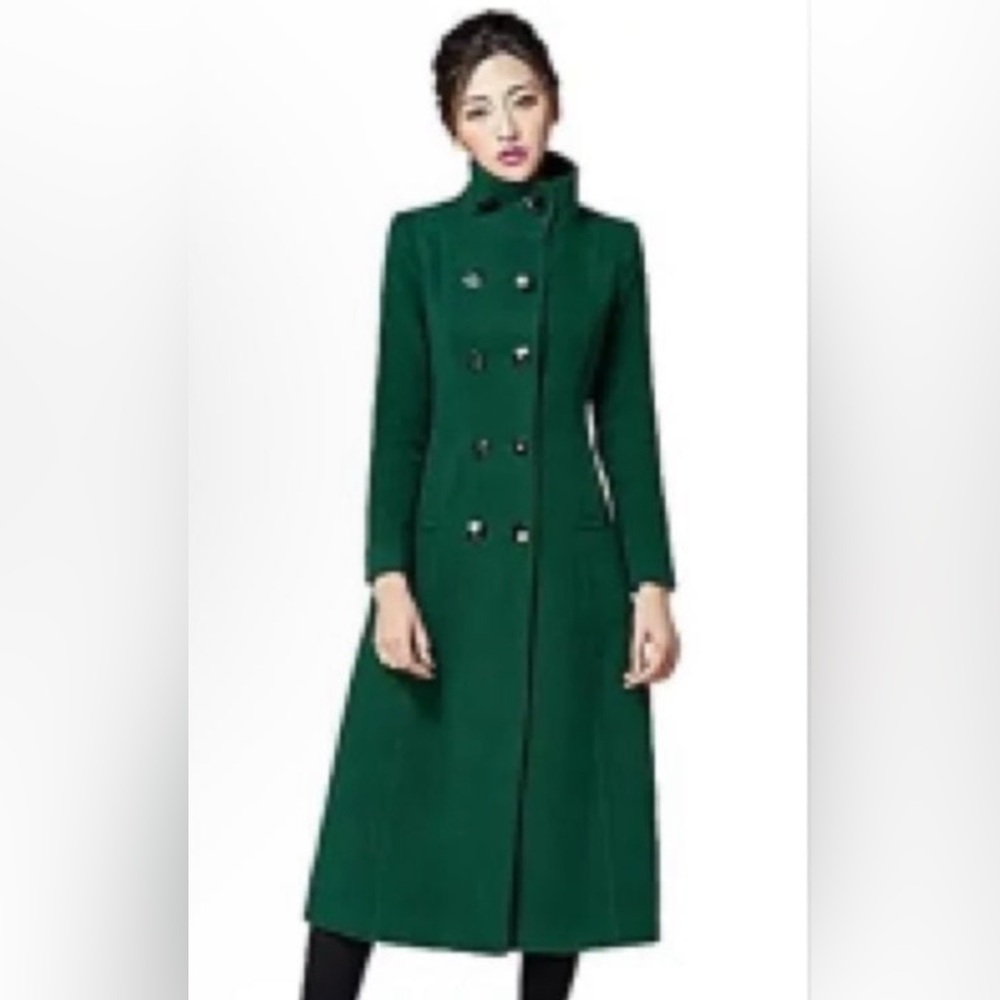 New Sz M Women greenDouble Breasted Lapel Walker Long Wool business casual coat